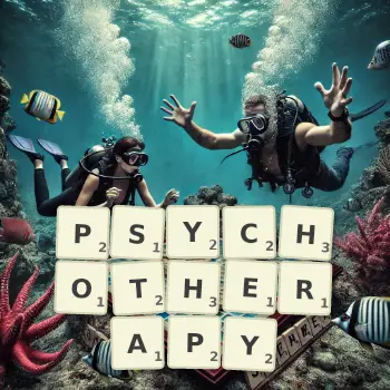 Creative illustration for a Scrabble game with the word PSYCHOTHERAPY spelled out in tiles on the board.