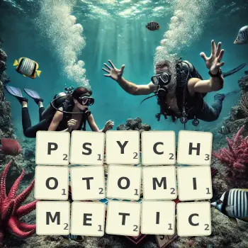 Creative illustration for a Scrabble game with the word PSYCHOTOMIMETIC spelled out in tiles on the board.