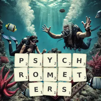 Creative illustration for a Scrabble game with the word PSYCHROMETERS spelled out in tiles on the board.