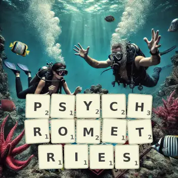 Creative illustration for a Scrabble game with the word PSYCHROMETRIES spelled out in tiles on the board.