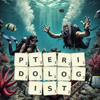 Creative illustration for a Scrabble game with the word PTERIDOLOGIST spelled out in tiles on the board.