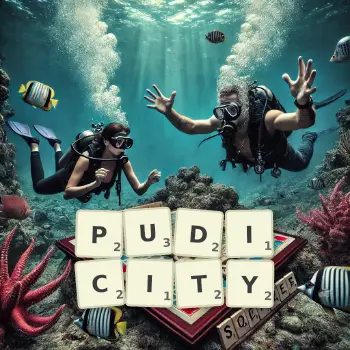 Creative illustration for a Scrabble game with the word PUDICITY spelled out in tiles on the board.