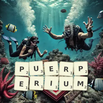 Creative illustration for a Scrabble game with the word PUERPERIUM spelled out in tiles on the board.