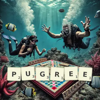 Creative illustration for a Scrabble game with the word PUGREE spelled out in tiles on the board.