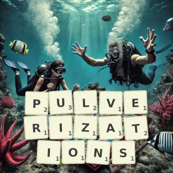 Creative illustration for a Scrabble game with the word PULVERIZATIONS spelled out in tiles on the board.