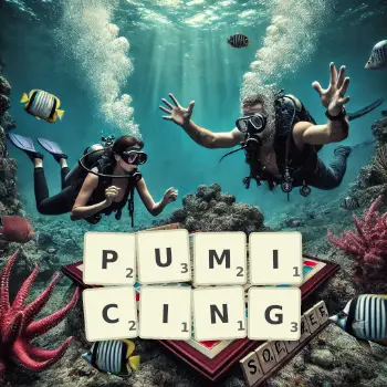 Creative illustration for a Scrabble game with the word PUMICING spelled out in tiles on the board.