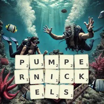 Creative illustration for a Scrabble game with the word PUMPERNICKELS spelled out in tiles on the board.
