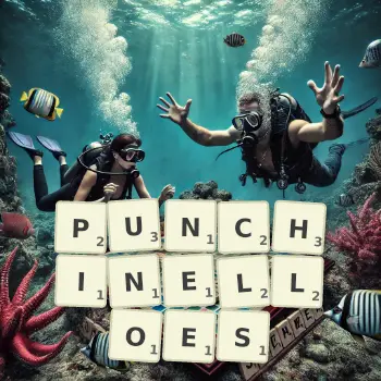 Creative illustration for a Scrabble game with the word PUNCHINELLOES spelled out in tiles on the board.