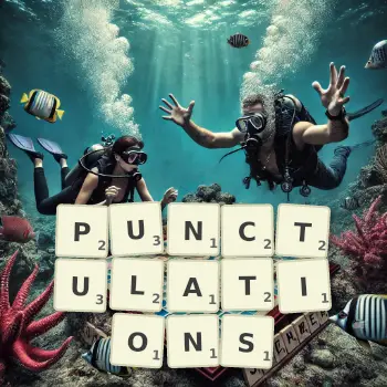 Creative illustration for a Scrabble game with the word PUNCTULATIONS spelled out in tiles on the board.