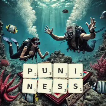 Creative illustration for a Scrabble game with the word PUNINESS spelled out in tiles on the board.