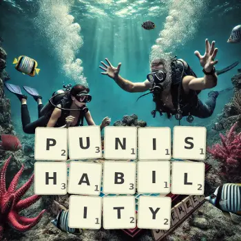 Creative illustration for a Scrabble game with the word PUNISHABILITY spelled out in tiles on the board.