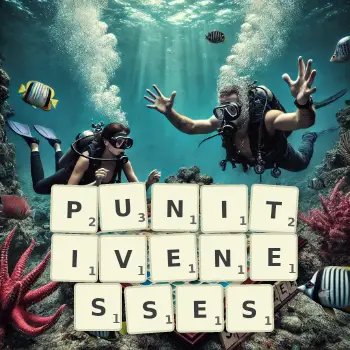 Creative illustration for a Scrabble game with the word PUNITIVENESSES spelled out in tiles on the board.