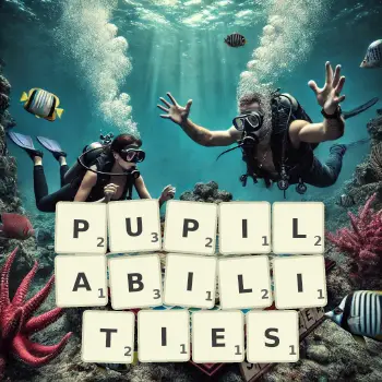 Creative illustration for a Scrabble game with the word PUPILABILITIES spelled out in tiles on the board.