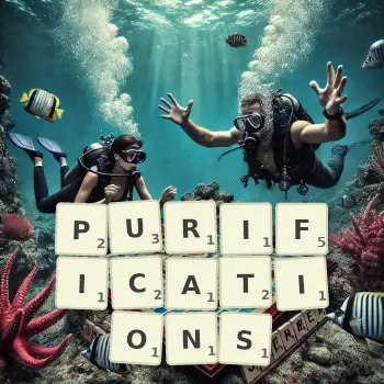 Creative illustration for a Scrabble game with the word PURIFICATIONS spelled out in tiles on the board.