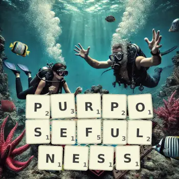 Creative illustration for a Scrabble game with the word PURPOSEFULNESS spelled out in tiles on the board.