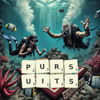 Creative illustration for a Scrabble game with the word PURSUITS spelled out in tiles on the board.