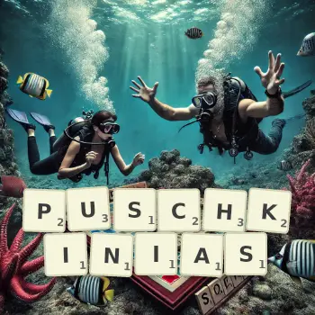 Creative illustration for a Scrabble game with the word PUSCHKINIAS spelled out in tiles on the board.