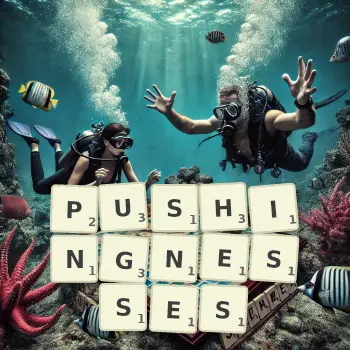 Creative illustration for a Scrabble game with the word PUSHINGNESSES spelled out in tiles on the board.