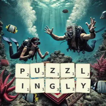 Creative illustration for a Scrabble game with the word PUZZLINGLY spelled out in tiles on the board.