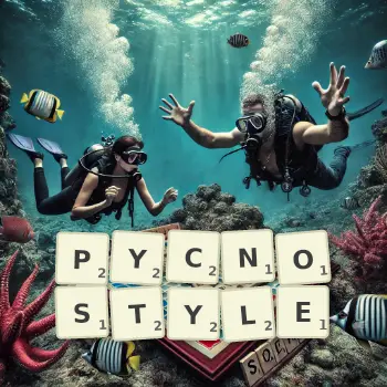 Creative illustration for a Scrabble game with the word PYCNOSTYLE spelled out in tiles on the board.