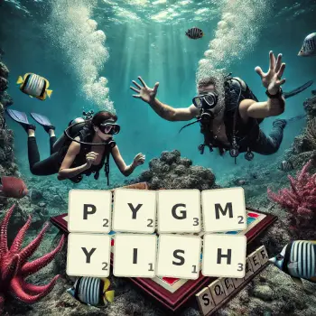 Creative illustration for a Scrabble game with the word PYGMYISH spelled out in tiles on the board.