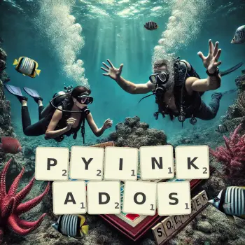Creative illustration for a Scrabble game with the word PYINKADOS spelled out in tiles on the board.