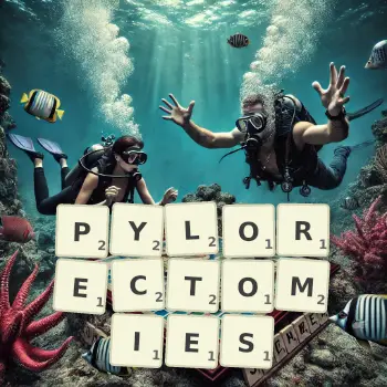Creative illustration for a Scrabble game with the word PYLORECTOMIES spelled out in tiles on the board.