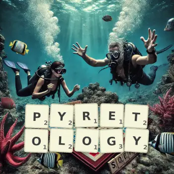 Creative illustration for a Scrabble game with the word PYRETOLOGY spelled out in tiles on the board.