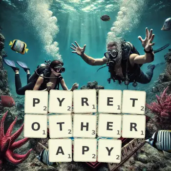 Creative illustration for a Scrabble game with the word PYRETOTHERAPY spelled out in tiles on the board.