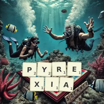 Creative illustration for a Scrabble game with the word PYREXIA spelled out in tiles on the board.