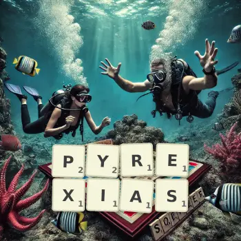 Creative illustration for a Scrabble game with the word PYREXIAS spelled out in tiles on the board.