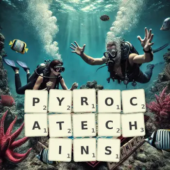 Creative illustration for a Scrabble game with the word PYROCATECHINS spelled out in tiles on the board.
