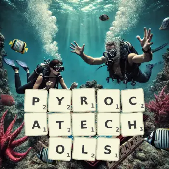 Creative illustration for a Scrabble game with the word PYROCATECHOLS spelled out in tiles on the board.