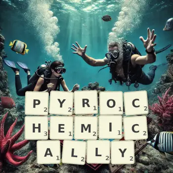 Creative illustration for a Scrabble game with the word PYROCHEMICALLY spelled out in tiles on the board.