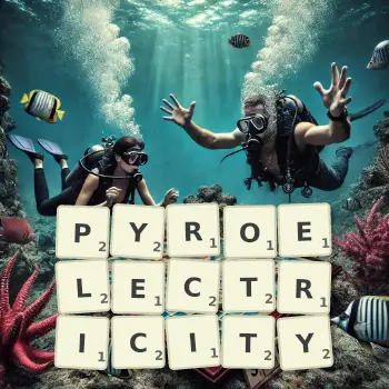 Creative illustration for a Scrabble game with the word PYROELECTRICITY spelled out in tiles on the board.