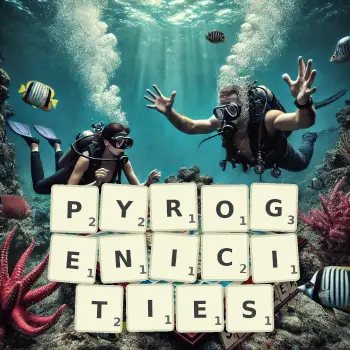 Creative illustration for a Scrabble game with the word PYROGENICITIES spelled out in tiles on the board.