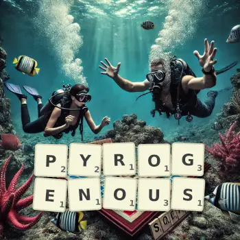 Creative illustration for a Scrabble game with the word PYROGENOUS spelled out in tiles on the board.