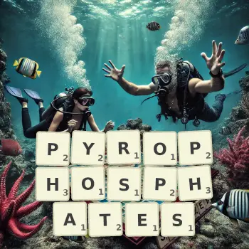 Creative illustration for a Scrabble game with the word PYROPHOSPHATES spelled out in tiles on the board.