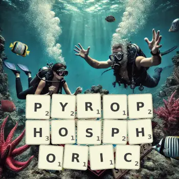 Creative illustration for a Scrabble game with the word PYROPHOSPHORIC spelled out in tiles on the board.