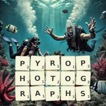 Creative illustration for a Scrabble game with the word PYROPHOTOGRAPHS spelled out in tiles on the board.