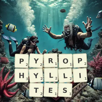 Creative illustration for a Scrabble game with the word PYROPHYLLITES spelled out in tiles on the board.