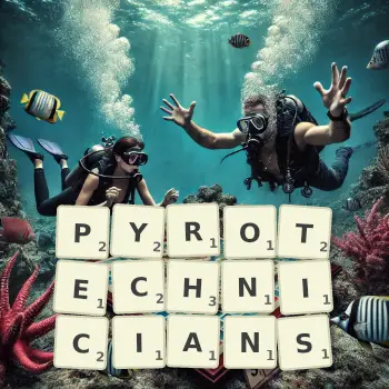 Creative illustration for a Scrabble game with the word PYROTECHNICIANS spelled out in tiles on the board.