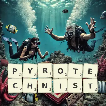 Creative illustration for a Scrabble game with the word PYROTECHNIST spelled out in tiles on the board.