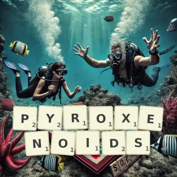 Creative illustration for a Scrabble game with the word PYROXENOIDS spelled out in tiles on the board.