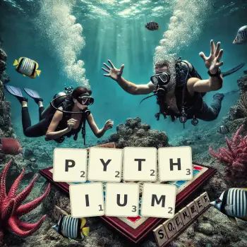Creative illustration for a Scrabble game with the word PYTHIUM spelled out in tiles on the board.