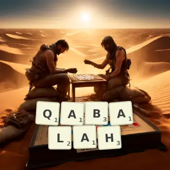 Creative illustration for a Scrabble game with the word QABALAH spelled out in tiles on the board.