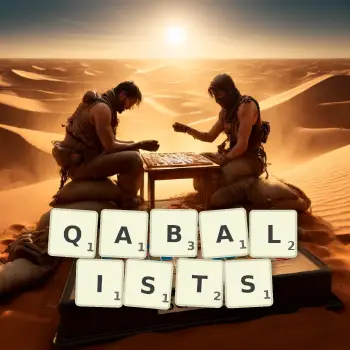 Creative illustration for a Scrabble game with the word QABALISTS spelled out in tiles on the board.