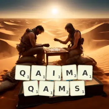 Creative illustration for a Scrabble game with the word QAIMAQAMS spelled out in tiles on the board.