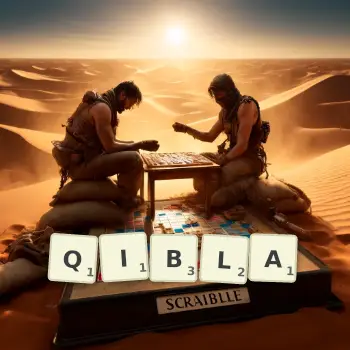 Creative illustration for a Scrabble game with the word QIBLA spelled out in tiles on the board.