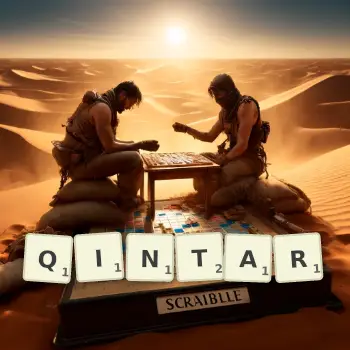 Creative illustration for a Scrabble game with the word QINTAR spelled out in tiles on the board.